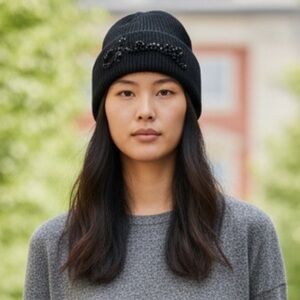 Beaded black ribbed beanie hat solid black thick knit new